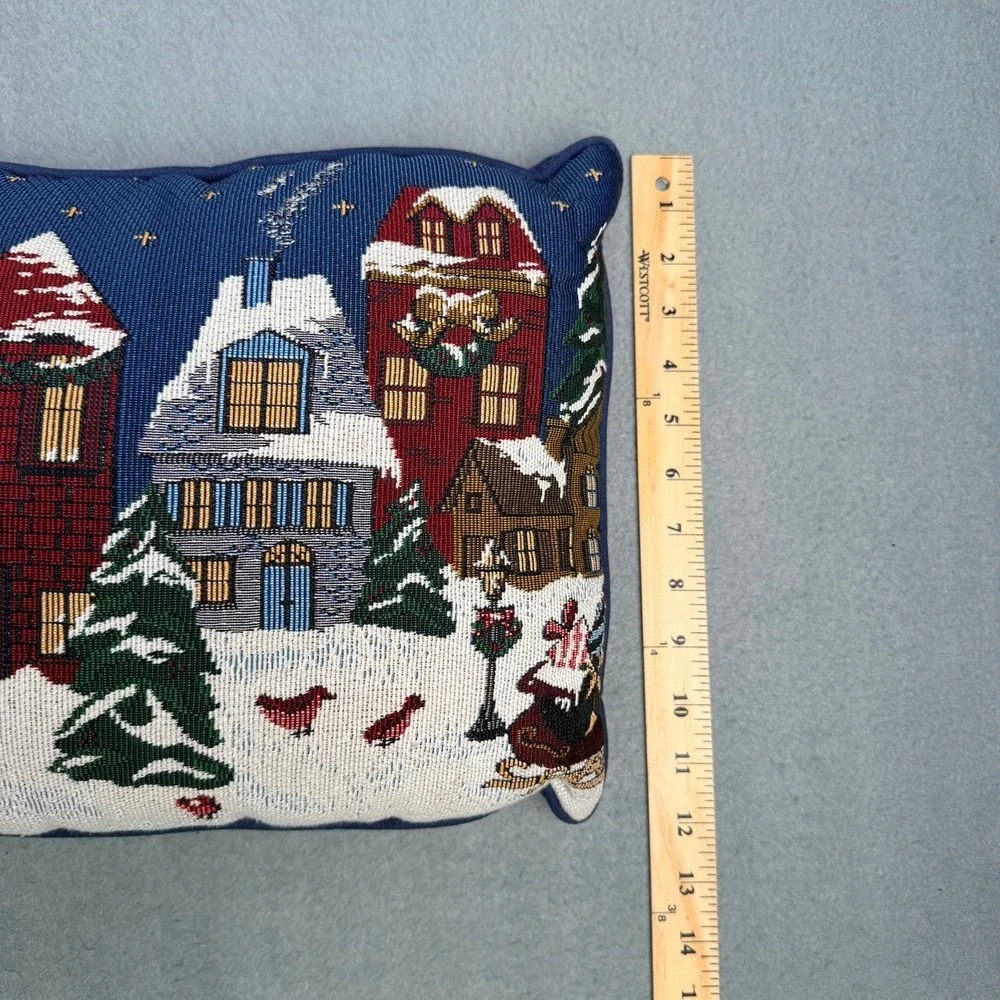 Christmas Winter Village Tapestry Lumbar Pillow Snowman Houses Navy Blue 23x11
